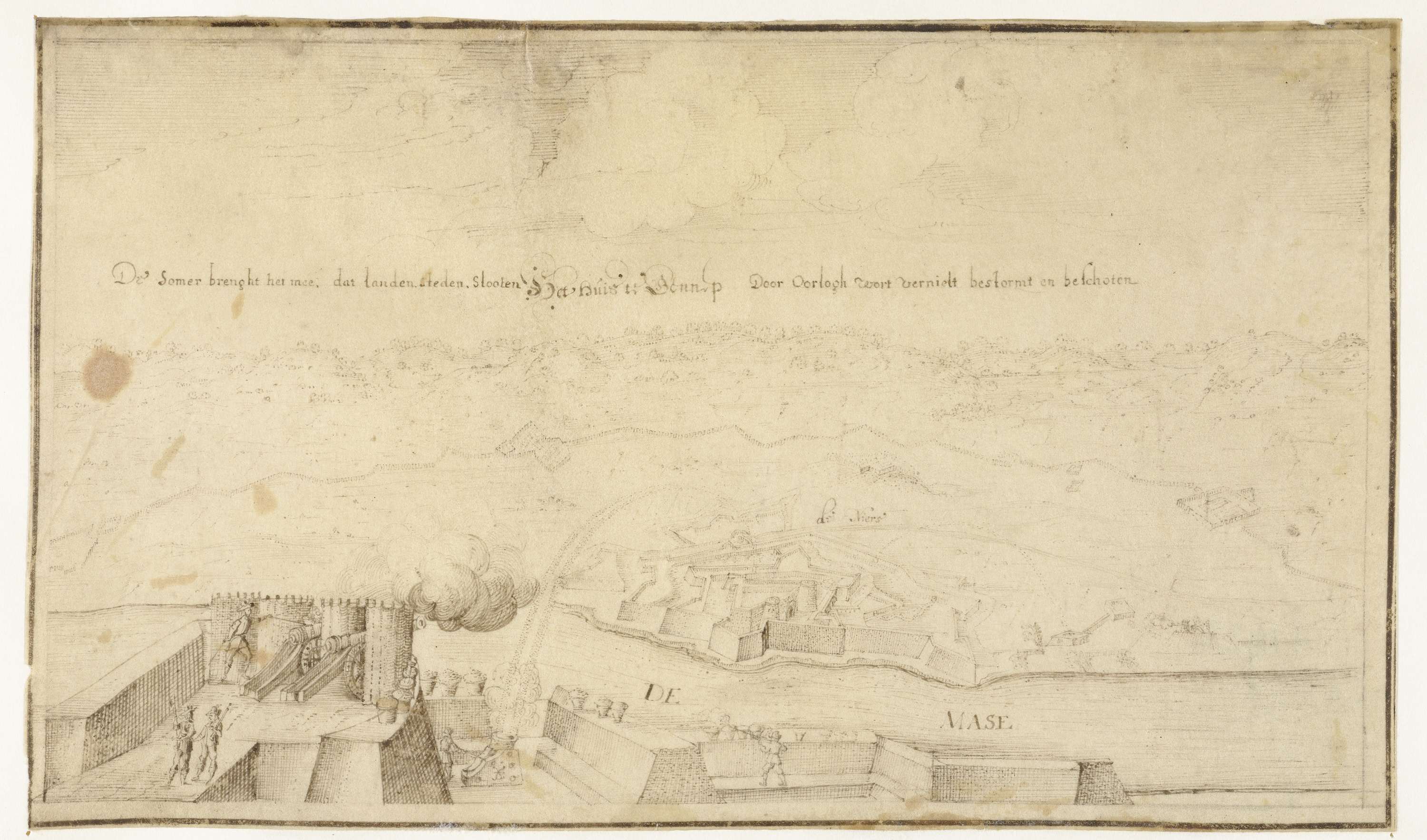Ein detailliertes Stadtansicht mit einer Burg im Hintergrund, auf einem Blatt Papier mit beschreibendem Text über die Belagerung von Düsseldorf.
