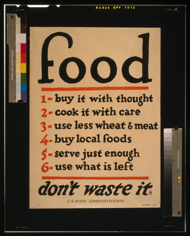 Plakat mit Text, der zum bewussten Einkaufen, schonenden Kochen, reduziertem Getreide- und Fleischkonsum, angemessenen Portionen und Vermeidung von Lebensmittelverschwendung aufruft.