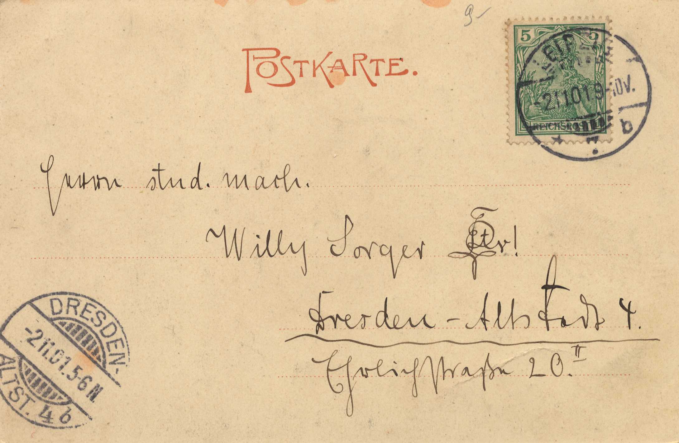 Ein altes deutsches Kuvert, adressiert an Willy Sorger, datiert 1912, mit 'Dresden-Albstadt' darauf, in sehr gutem Zustand.
