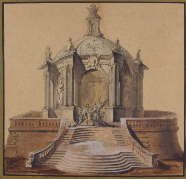 Ein gerahmtes Bild einer Brunnenstatue mit einer Statue darauf, umgeben von Stufen und weiteren Skulpturen, im klassischen Stil dargestellt.