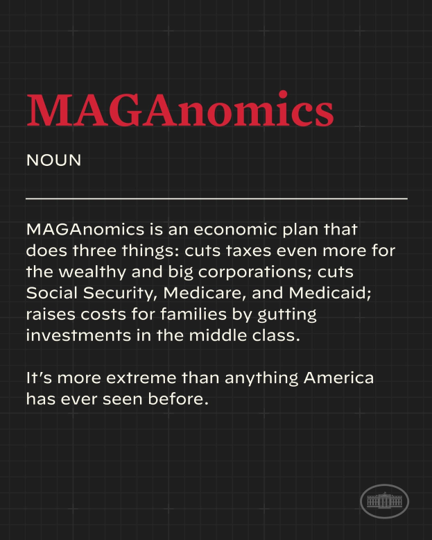 Plakat mit fettem schwarzem Text auf einem weißen Hintergrund, der von einem schmalen schwarzen Rand eingerahmt ist und "Maganomics: Ein Wirtschaftsplan, der drei Dinge tut - Steuern für Wohlhabende und große Unternehmen weiter senken" besagt.