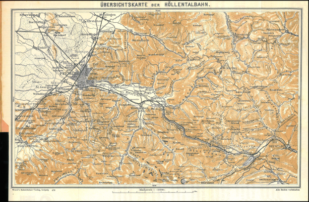 Ein detaillierter alter Stadtplan von H├Âllentalbahn, Deutschland, mit Stra├čen, Geb├Ąuden und anderen Merkmalen, umgeben von einem schwarzen Rand.