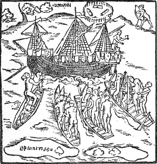 Eine Schwarz-Weiß-Zeichnung eines Wikingerschiffs mit Menschen an Bord, das auf dem Wasser segelt, mit dem Text "Das Wikingerschiff" unten.
