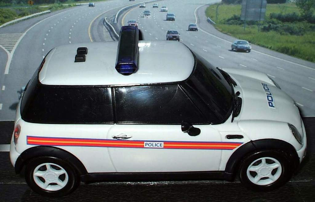 Ein weißes Polizeiauto ist im Vordergrund geparkt, mit mehreren Autos, die sich auf der Straße dahinter bewegen, umgeben von Gras und Bäumen auf beiden Seiten, in einer ländlichen Umgebung.