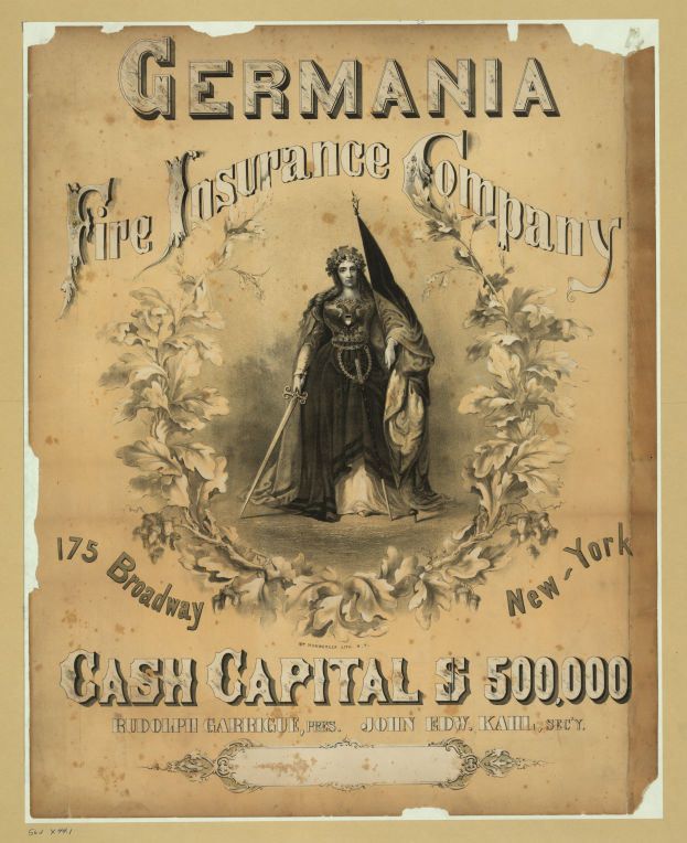 Eine alte Werbung für die Germania-Feuerversicherungsgesellschaft, die ein zentrales Bild einer Frau zeigt, mit Text, der die Dienstleistungen der Gesellschaft beschreibt.