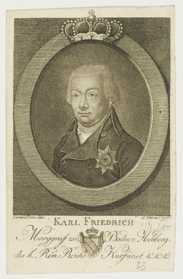 Porträt von Karl Friedrich Friedrich, König von Deutschland, mit Krone, ernster Miene, direktem Blick und ordentlich gekämmten Haaren.