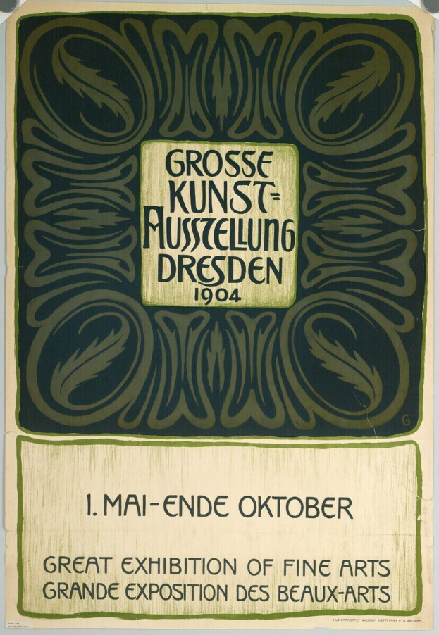 Plakat für die Große Kunstausstellung an der Grand Exposition des Beaux-Arts in Dresden, Deutschland, 1904, mit auffälligem Text, der das Ereignis ankündigt.