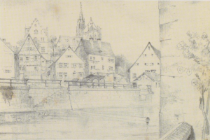 Ein Bleistiftbild mit dem Titel "Nürnberg, Deutschland" von Joseph Mallord William Turner, das eine Stadtansicht mit einem Fluss, Geb├Ąuden, B├Ąumen und einer Brücke zeigt.