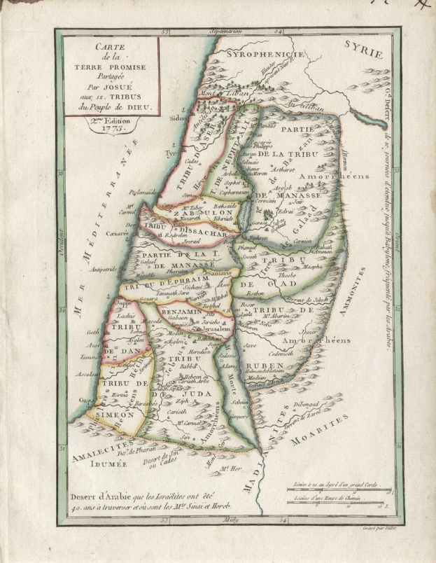 Ein altes Buch mit einer detaillierten Karte des Nahen Ostens und Israels, das geographische Informationen wie Stadt- und Regionsnamen enthält.