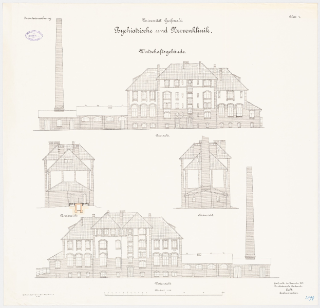 Eine Zeichnung eines mehrst├Âckigen Geb├Ąudes mit zahlreichen Fenstern und einem Schornstein, das als psychiatrische Klinik in Deutschland identifiziert wird, begleitet von handgeschriebener Text auf demselben Papier.