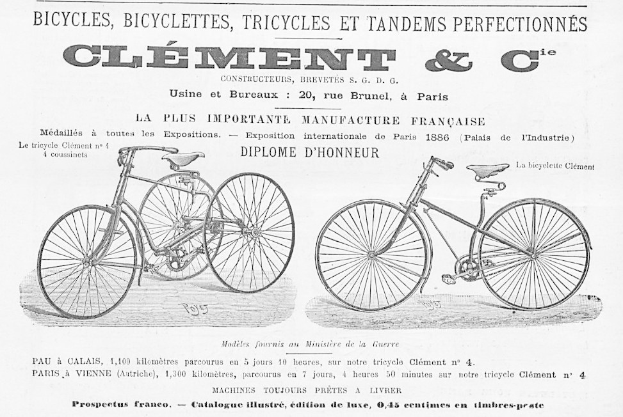 Anzeige für ein Fahrrad mit zwei Fahrrädern und begleitendem Text, der ihre Merkmale beschreibt.