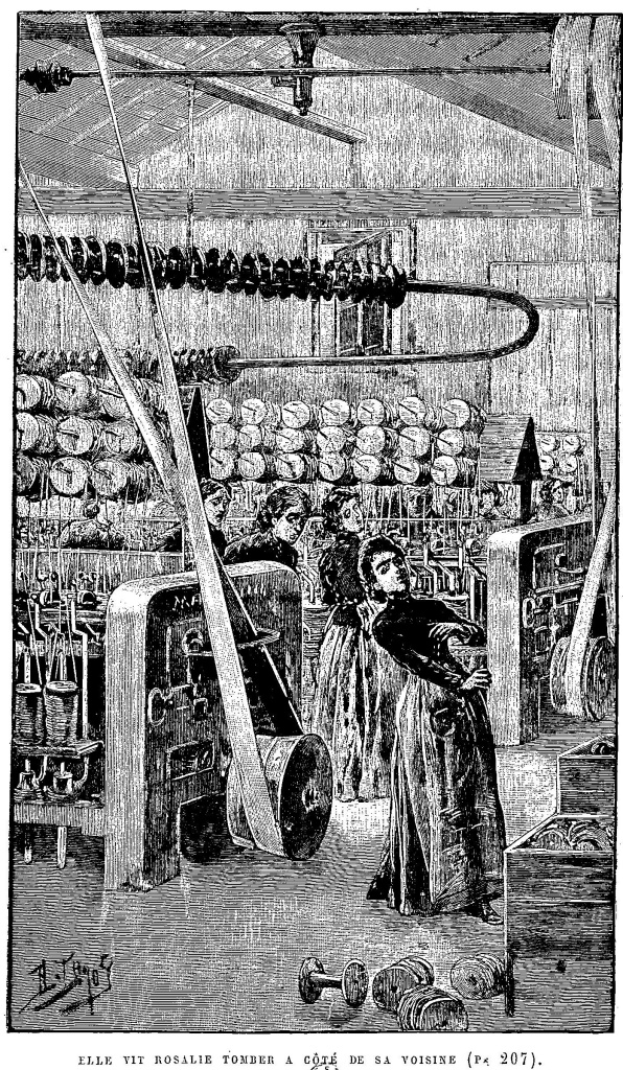 Eine Schwarz-Weiß-Zeichnung einer Frau, die in einer Fabrik arbeitet und von Maschinen und anderen Gegenständen umgeben ist, mit dem Text "Frauen in der Textilindustrie" unten.