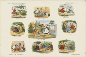 Ein Kinderbuch mit Fotos von Kindern, die im Park spielen, umgeben von Bäumen und Gegenständen, mit begleitendem Text.