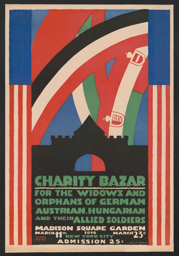 Ein Plakat für einen Wohltätigkeitsbasar, der die Witwen und Waisen von Soldaten aus verschiedenen Nationen unterstützt, mit Text zu den Ereignisdetails.
