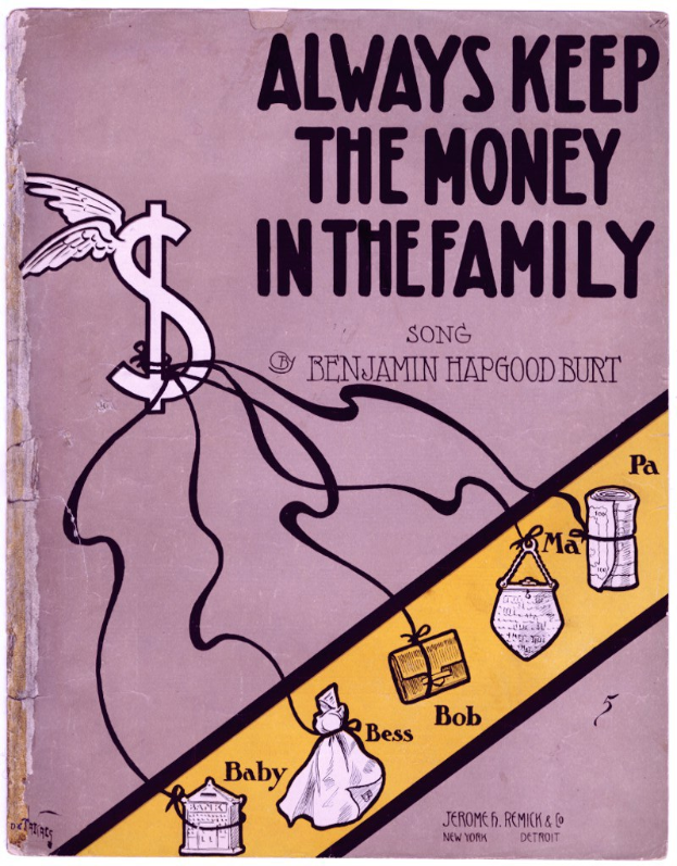Plakat mit fetter schwarzer Schrift "Immer das Geld in der Familie lassen" auf weißem Hintergrund, mit einer bunten Illustration einer strahlenden Familie von vier Personen in legerer Kleidung, die im Kreis unter einem hellblauen Himmel mit weißen Wolken stehen.