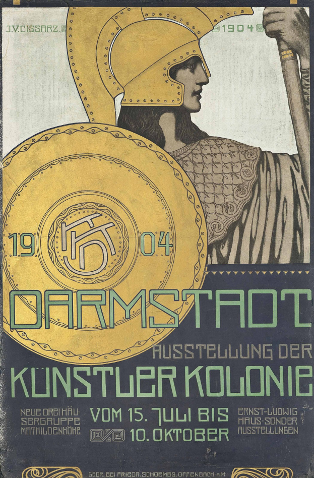 Plakat für ein 1904er Konzert in Berlin mit einer Person in einem Helm, die ein Schild hält, und der Schrift «Darmstadt» und «Künstler Kolonie»