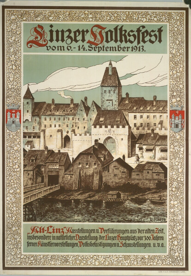 Ein altes Plakat, das ein Festival in Deutschland ankündigt, mit einem Bild eines Schlosses umgeben von Häusern und Text mit Festivalinformationen.