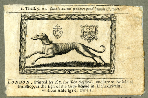 Ein altes Buch mit einer Zeichnung eines Windhunds in Laufposition, Kopf hoch und Ohren gespitzt, mit dekorativem Text auf dem Cover.