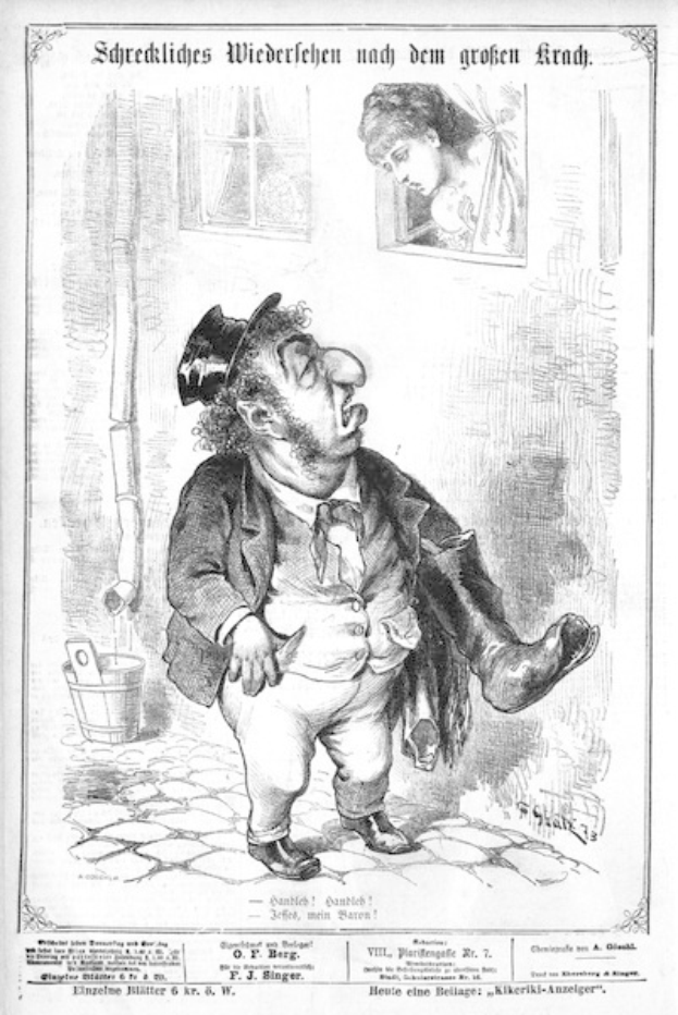 Cartoon-Illustration eines Mannes mit Zylinder und einer Frau in einem Kleid mit einer Wand, einem Fenster, einem Eimer und anderen Gegenständen im Hintergrund, mit dem Text "F. J. Singer, der erste deutsche Politiker, der in den Kongress gewählt wurde" unten.