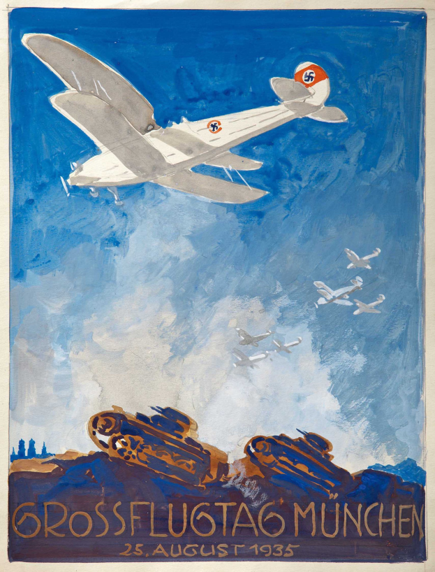 Plakat für das Grossflugtag München-Event am 25. August 1935, das ein Flugzeug zeigt, das durch den Himmel fliegt, mit anderen Flugzeugen im Hintergrund.