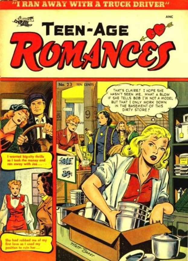 Ein farbenfroher DC-Comics-Plakat titled 'Teen-Age Romances 23-A', das eine Gruppe von lachenden Menschen in einer romantischen Umarmung zeigt.