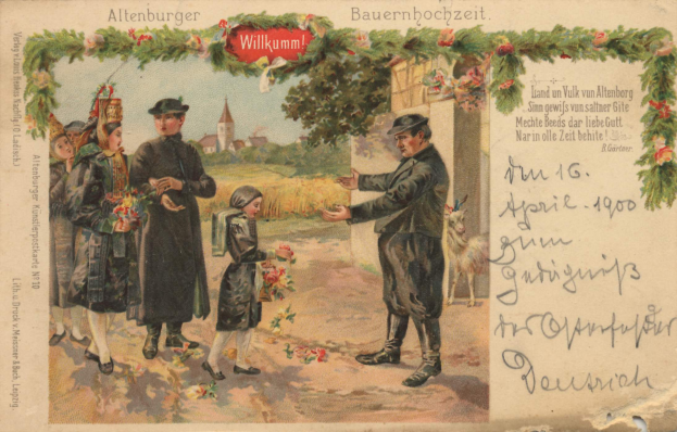 Alte deutsche Weihnachts-Postkarte von 1900 mit einer Gruppe von Menschen vor einem Gebäude, umgeben von Bäumen, Pflanzen, Blumen und einem Tier, mit Text darauf.