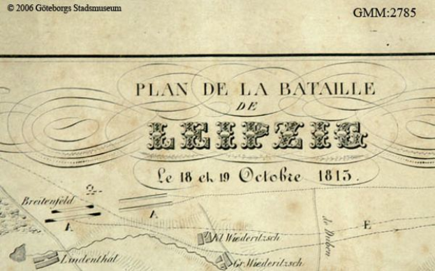 Eine detaillierte alte Karte der Schlacht von Leipzig, die verschiedene Schlachten zeigt und mit Text über das Datum, die Uhrzeit und den Ort annotiert ist.