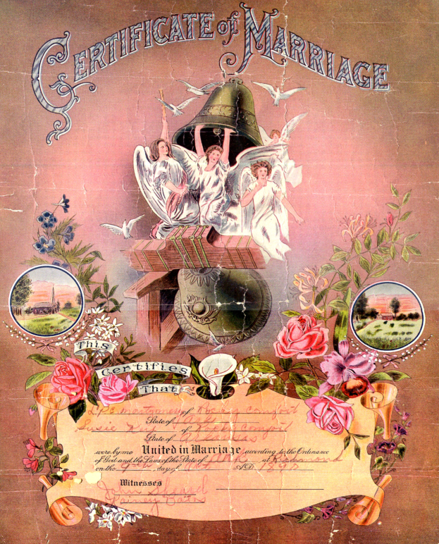 Ein altes Eheurkunde-Dokument mit einem Bild eines Mannes und einer Frau, verziert mit Illustrationen von Blumen, Blättern, Vögeln und anderen Gegenständen, mit der Inschrift "Eheurkunde" deutlich sichtbar.
