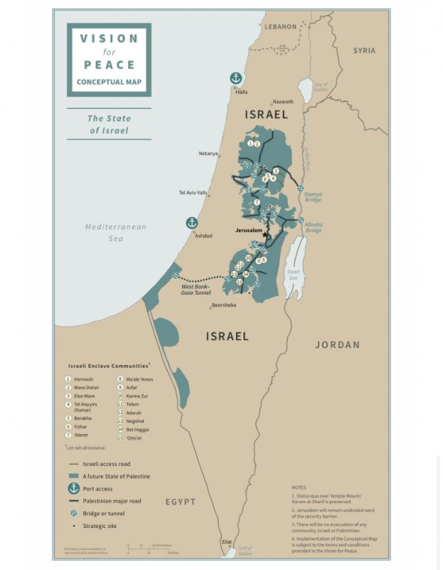 Eine Karte von Israel in Blau-, Grün- und Gelbtönen mit der Aufschrift "Vision für Frieden Konzeptkarte" in fetter schwarzer Schrift darüber.