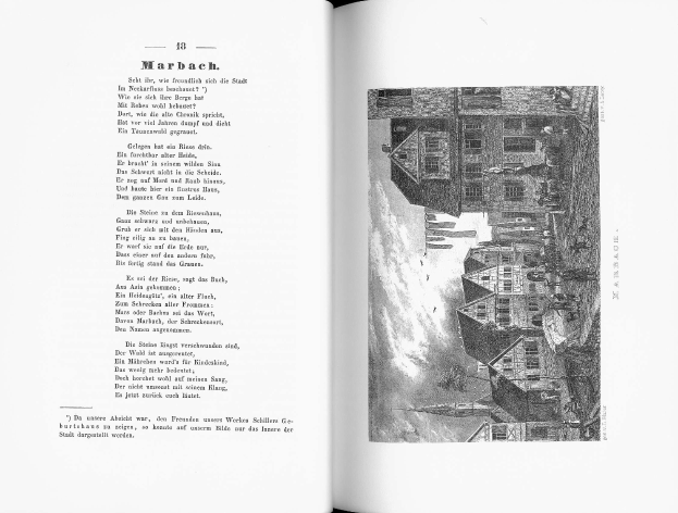 Ein aufgeschlagenes Buch mit dem Titel "Die Geschichte Deutschlands" zeigt eine Schwarz-Weiß-Illustration einer Stadtlandschaft mit Gebäuden, Menschen und Himmel, zusammen mit Text.