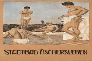 Plakat, das ein Schwimmbad in Aschersleben, Deutschland, zeigt, mit Menschen im Wasser und einem sitzenden Menschen sowie Textinformationen zum Schwimmbad.