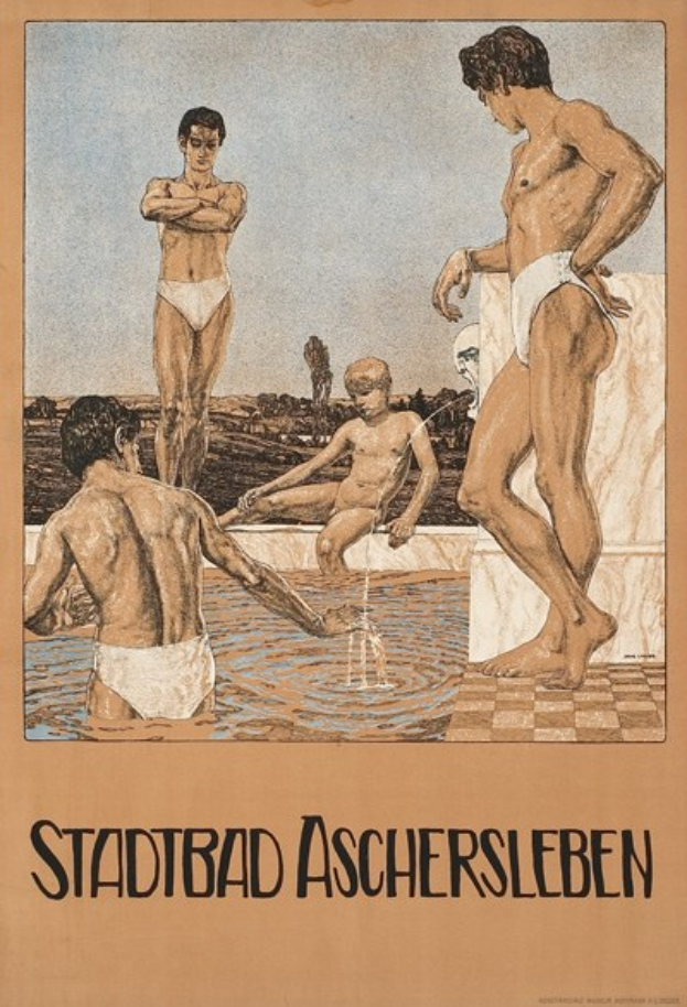 Plakat, das ein Schwimmbad in Aschersleben, Deutschland, zeigt, mit Menschen im Wasser und einem sitzenden Menschen sowie Textinformationen zum Schwimmbad.