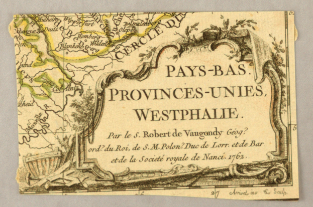 Ein detailliertes altes Papierkarte von Westfalen, das geographische Merkmale wie Flüsse, Berge und Städte zeigt, mit begleitendem Text, der zusätzliche Informationen bietet.