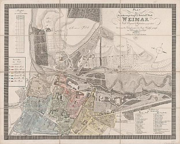 Ein detaillierter alter Stadtplan von Weimar, Deutschland, der Straßen, Gebäude, Sehenswürdigkeiten und Text enthält, der Informationen zur Bevölkerung, Sehenswürdigkeiten und Straßen der Stadt liefert.