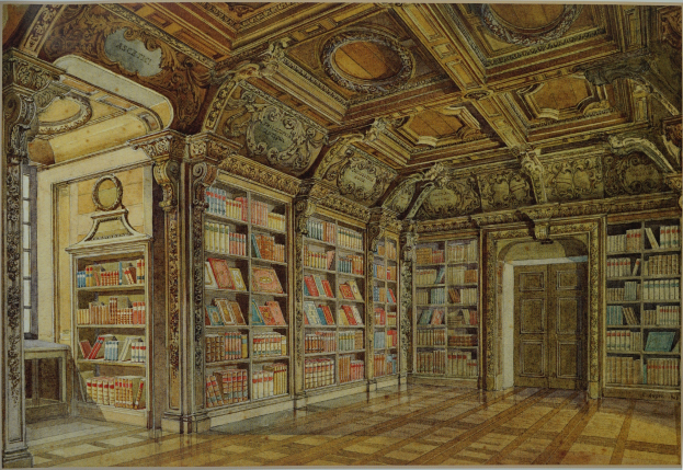 Ein Gemälde einer Bibliothek mit Bücherregalen voller Bücher, einem Tisch, einer Tür und einer Decke mit kunstvollen Verzierungen.