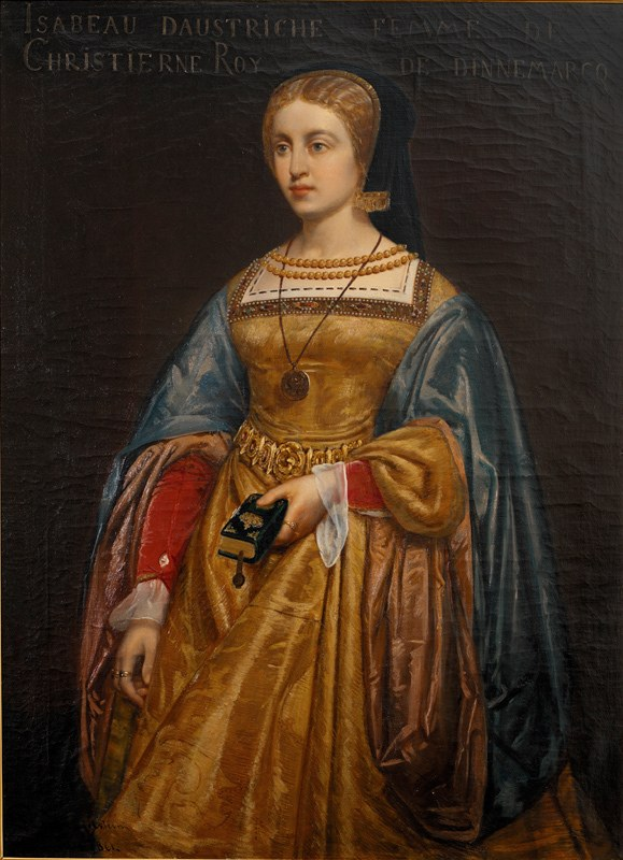 Gemälde von Isabella daustriche in einem goldenen Kleid mit detailreichen Verzierungen, Haar zu einem Dutt gebunden, mit königlicher und würdevoller Ausstrahlung und einem friedlichen Gesichtsausdruck.