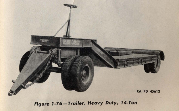 Schwarzes und weißes Foto eines Schwerlastanhängers mit einer 14-Tonnen-Kapazität, das Textdetails am unteren Rand zeigt.