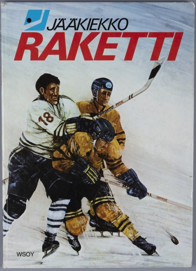 Buchumschlag mit dem Titel "Jääkiekko Raketti", der drei Menschen beim Eishockeyspielen mit Hockey-Schlägern auf einer flachen Oberfläche zeigt.