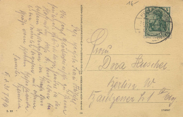 Eine alte deutsche Postkarte in sehr gutem Zustand, die einen Stempel und den Text 'Konzert-Luger-Konferenz-Kommunikation' sowie die Nummer '174097' zeigt.
