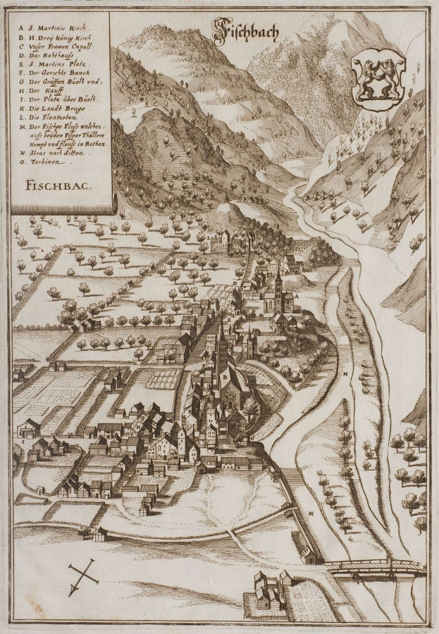 Ein alter Stadtplan von Fischbach, Deutschland, der Häuser, Bäume, Hügel, einen gewundenen Fluss, Text und ein Logo zeigt.