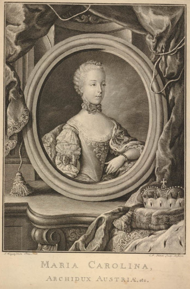 Porträt von Maria Carolina, Erzherzogin von Österreich, mit Krone, Vorhang im Hintergrund und Text unten im Bild.