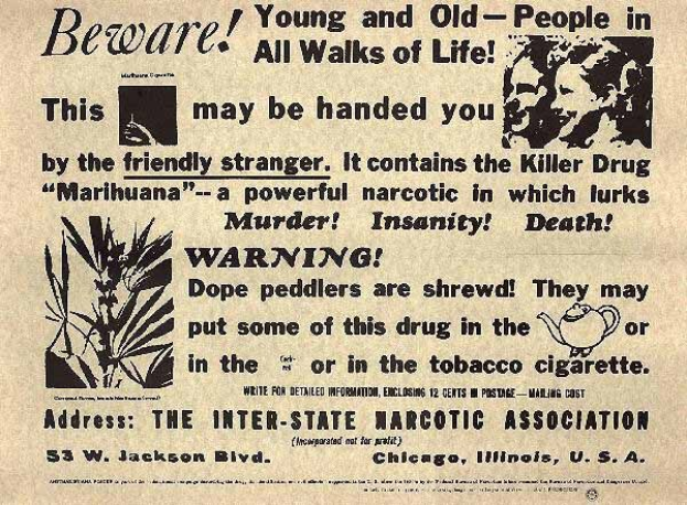 Alte Zeitungsanzeige für die Inter-State Narcotic Association mit einem Bild eines Mannes und einer Frau und dem Text "Vorsicht, jung und alt in allen Lebensbereichen".