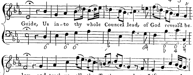 Ein Notenblatt mit dem Text "Führe uns in deinen ganzen Rat, Gott offenbart sei" neben Notenschrift.