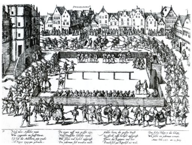 Eine Schwarz-Weiß-Zeichnung von einer Menschenmenge, die in einer Stadt kämpft, mit Gebäuden im Hintergrund und dem Text "Die Schlacht von Düsseldorf" unten.