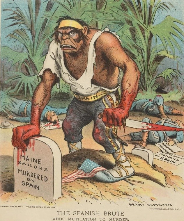 Cartoon eines Mannes mit einem Messer in der Hand, der vor einem Grab mit Text steht, umgeben von liegenden Gestalten und Bäumen, mit der Bildunterschrift "Der spanische Barbar fügt Verstümmelung zum Mord hinzu" unten.