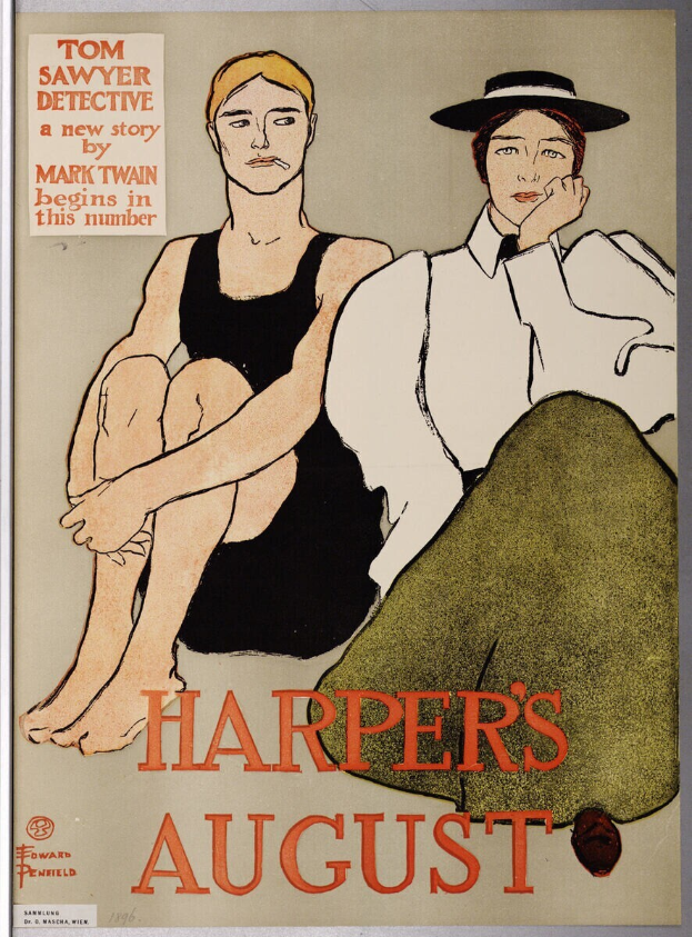 Ein Filmplakat für "Harper's August von Tom Sawyer" mit einem Mann und einer Frau, auf dem wahrscheinlich der Filmtitel steht.
