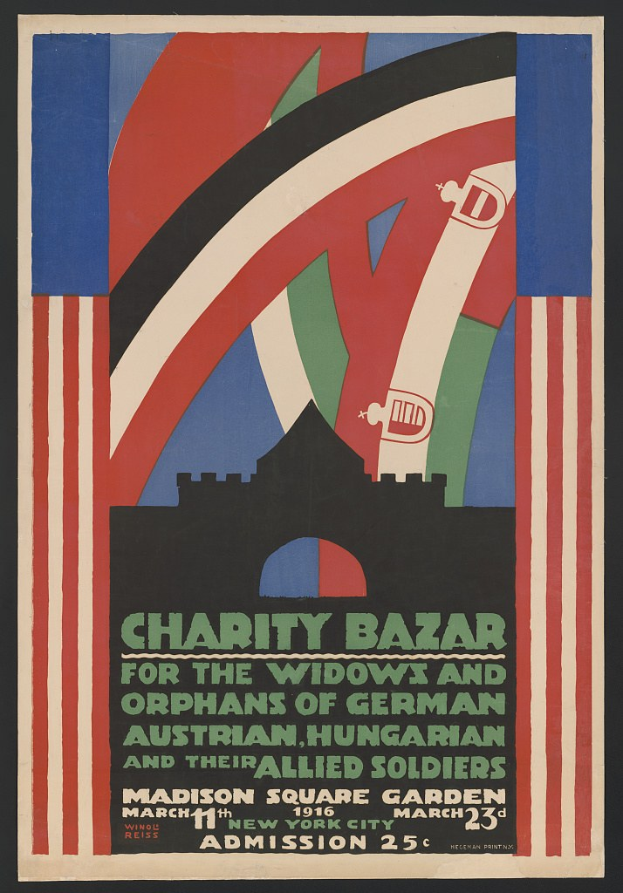 Plakat für den Wohltätigkeitsbasar zugunsten der Witwen und Waisen deutscher, australischer, ungarischer und alliierter Soldaten mit Textdetails zum Event.