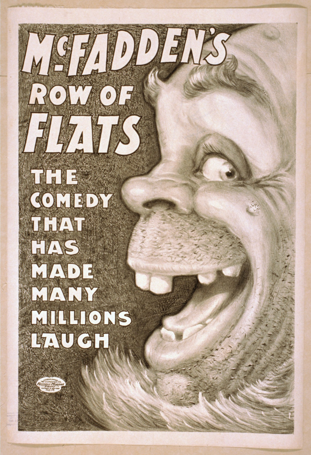 Poster mit einem lachenden Personengesicht, das von einem gelben Hintergrund umrahmt ist und den Text 'McFadden's Row of Flats: The Comedy That Has Made Many Millions Laugh' trägt.
