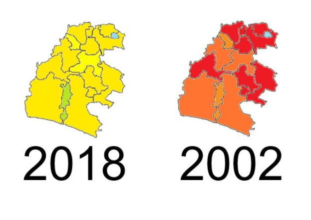 Karte von Deutschland, die die Provinzgrenzen von 2002 in rot, 2018 in gelb und überlappende Bereiche in orange auf einem weißen Hintergrund mit Text zeigt.