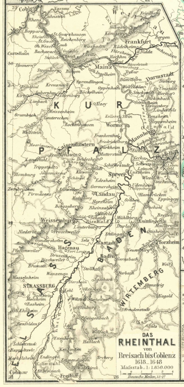 Ein altes Rheinkartenblatt aus Deutschland, das Flüsse, Städte und Gewässer zeigt, mit beschreibendem Text oben und unten.